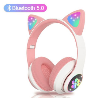Casti audio Wireless, urechi de pisica, iluminare LED, Stereo (ROZ)