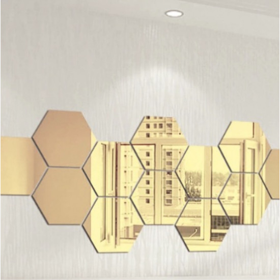 Oglinzi Decorative Fagure Hexagon pentru Baie si Living - 12 Bucati AURIU