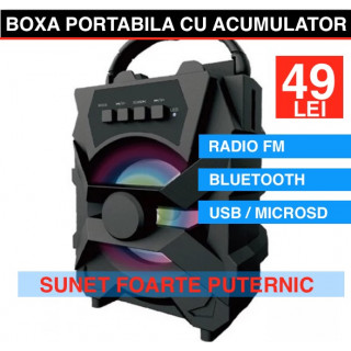 Boxa portabila cu bluetooth, radio FM, USB, card MicroSD, acumulator  inclus, sunet puternic