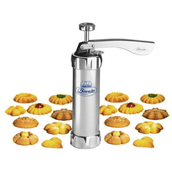 Aparat de inox pentru biscuiti si fursecuri, 10 forme si 4 accesorii de ornare