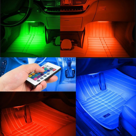 Set 4 benzi cu leduri pentru lumina ambientala auto RGB cu telecomanda