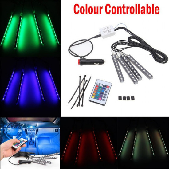 Set 4 benzi cu leduri pentru lumina ambientala auto RGB cu telecomanda