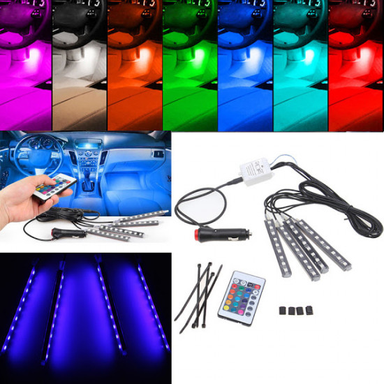 Set 4 benzi cu leduri pentru lumina ambientala auto RGB cu telecomanda