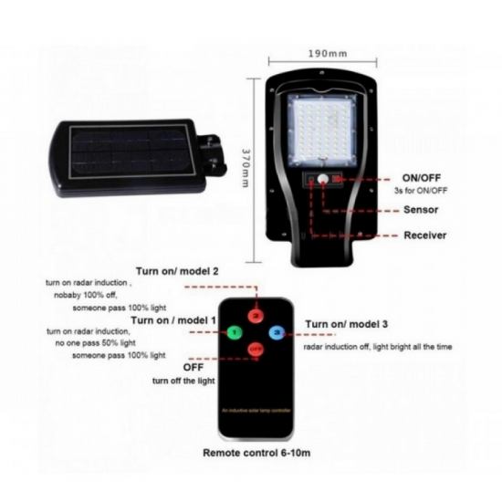 Lampa strada Jortan 30W cu panou solar, senzor de miscare si telecomanda