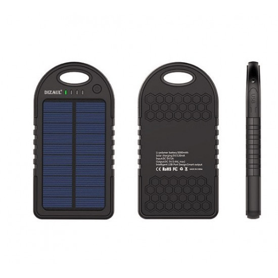 Baterie externa rezistenta la apa, incarcare baterie solara, Negru, 5000 mAh, Dual USB, Negru/Albastru