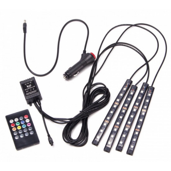 Set 4 benzi 9 LED ambientale pentru auto cu telecomanda