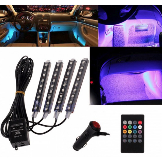 Set 4 benzi 9 LED ambientale pentru auto cu telecomanda