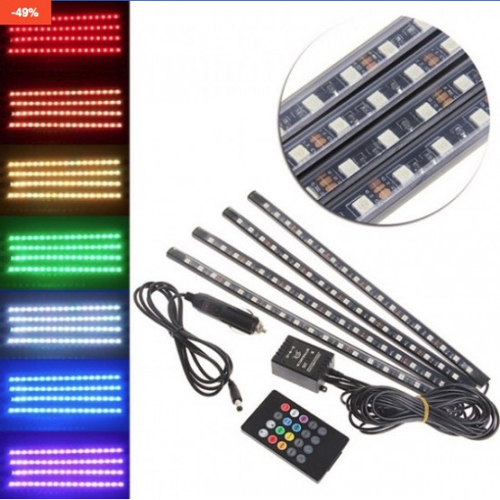 Set 4 benzi LED auto RGB cu telecomanda