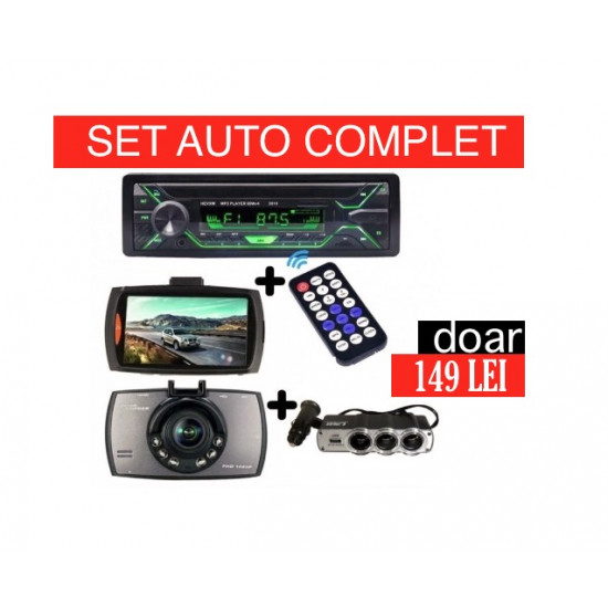 Pachet Radio Mp3 cu afisaj RGB si telecomanda ,camera auto full Hd si Priza tripla + USB pentru bricheta auto