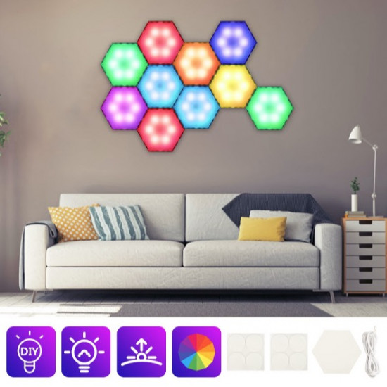 Set 3 lampi modulare Hexagon, 15 culori RGB, telecomanda, senzor tactil