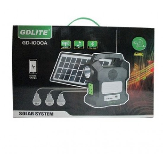 Kit solar portabil Gdlite GD-1000A, USB, bluetooth, radio FM, MP3, 4 becuri incluse